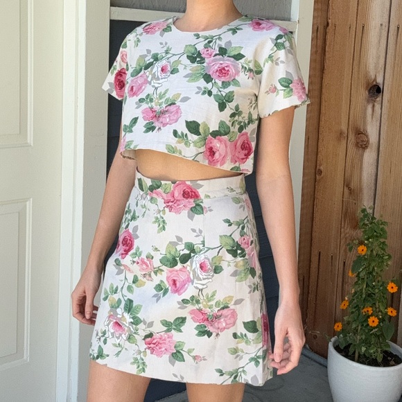 Pink Roses Mini Skirt and Crop Top Set - Picture 1 of 12